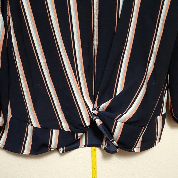 Pink Republic Ribbed Textured Tie Front Long Sleeve Top Size S Blue peach Stripe - Picture 3 of 6